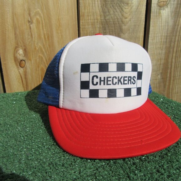 Vintage Checkers Flag Speedway Red White Blue Snapback Baseball Hat Trucker Cap - Picture 6 of 10